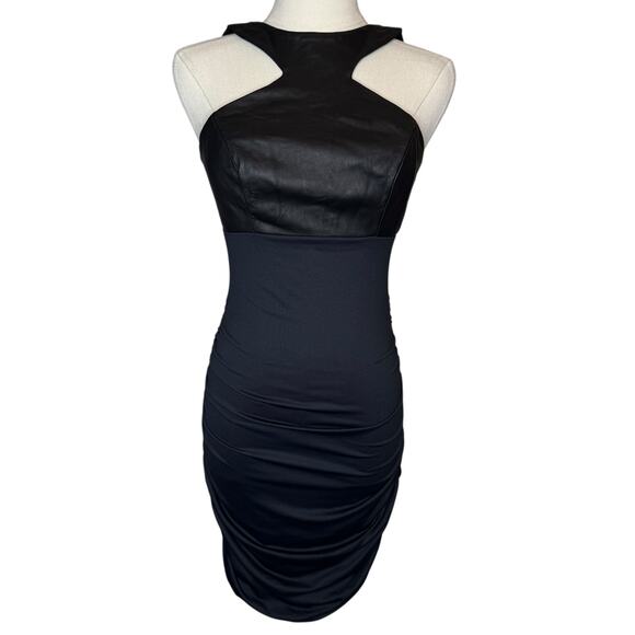 LaPina by David Helwani Leather and Fabric Bodycon Ruched Black Dress size Small - Picture 1 of 5